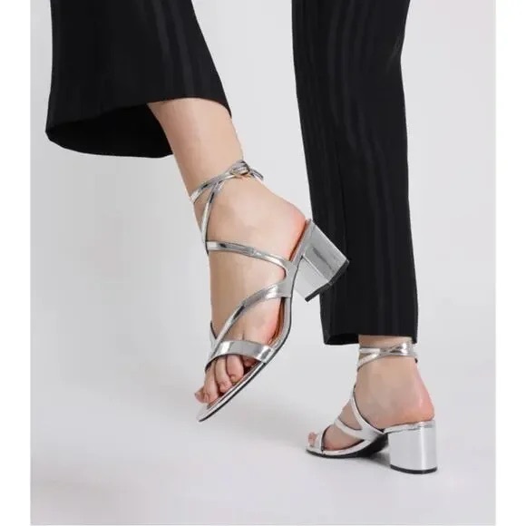 NWT SCHUTZ Stephanie Block Heels Strappy Women's Sandals Spechio Metallic Silver - Picture 2 of 10